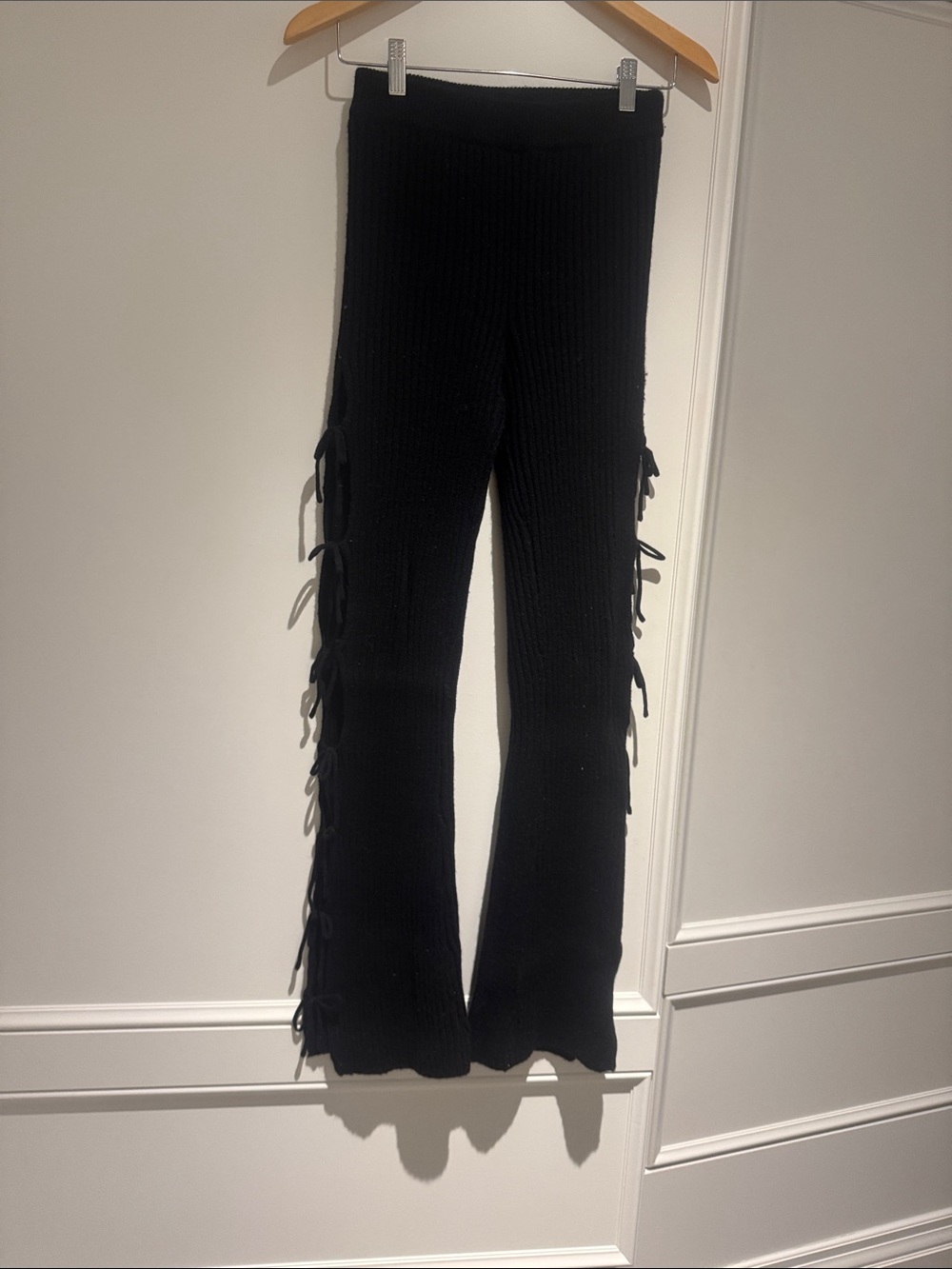 Girls Black Ribbed Fringe Flare Leggings